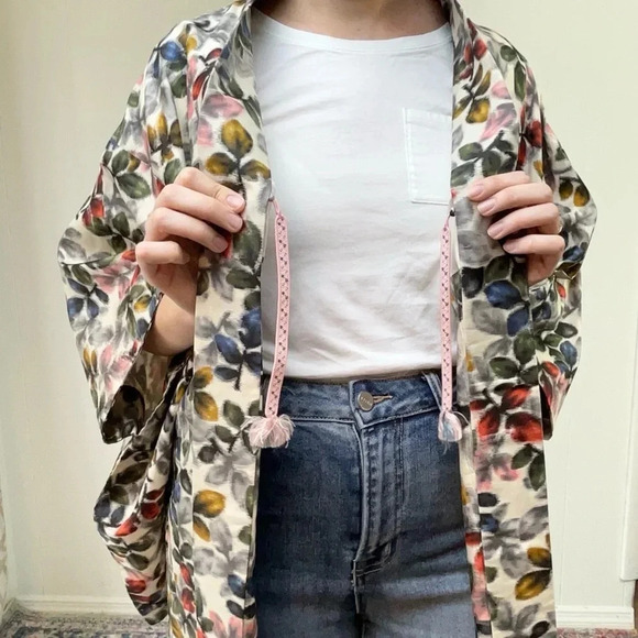 VTG Kimono Haori Traditional Japanese Jacket Silk Pattern Colorful Leaf Print OS - Picture 4 of 16